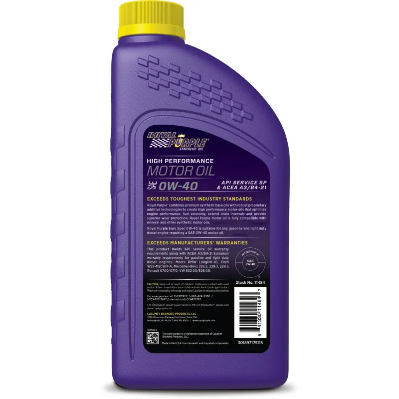 Royal Purple Premium Synthetic High Performance Euro Formula 0W-40 Motor Oil - 1 Quart 1